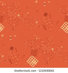 Modern Memphis Texture. Seamless Background for Card, Banner, Cover in Trendy Style. Bright Geometric Pattern with Hand Drawn Scribble Elements. Colorful Triangles, Rings, Zigzags and Dots.