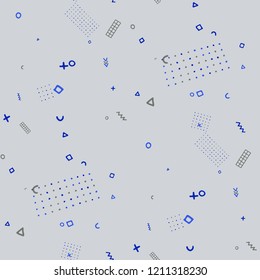 Modern Memphis Texture. Seamless Background for Banner, Fabric, Cloth in Trendy Style. Colorful Geometric Pattern with Hand Drawn Scribble Elements. Colorful Triangles, Rings, Zigzags and Dots.