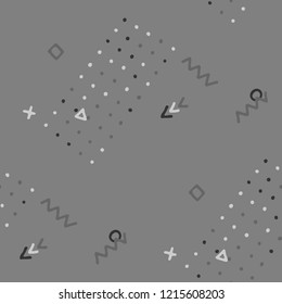 Modern Memphis Texture. Seamless Background for Wallpaper, Fabric, Cloth in Trendy Style. Colorful Geometric Pattern with Hand Drawn Scribble Elements. Colorful Triangles, Rings, Zigzags and Dots.