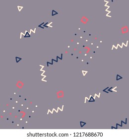 Modern Memphis Texture. Seamless Background for Wallpaper, Fabric, Cloth in Trendy Style. Colorful Geometric Pattern with Hand Drawn Scribble Elements. Colorful Triangles, Rings, Zigzags and Dots.