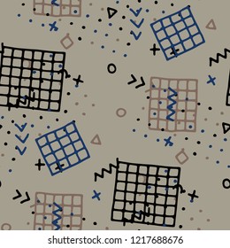 Modern Memphis Texture. Seamless Background for Wallpaper, Fabric, Cloth in Trendy Style. Colorful Geometric Pattern with Hand Drawn Scribble Elements. Colorful Triangles, Rings, Zigzags and Dots.
