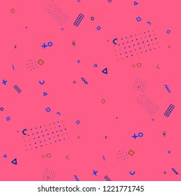 Modern Memphis Texture. Seamless Background for Wallpaper, Calico, Textile in Trendy Style. Bright Geometric Pattern with Hand Drawn Scribble Elements. Colorful Triangles, Rings, Zigzags and Dots.