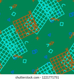 Modern Memphis Texture. Seamless Background for Wallpaper, Calico, Textile in Trendy Style. Bright Geometric Pattern with Hand Drawn Scribble Elements. Colorful Triangles, Rings, Zigzags and Dots.