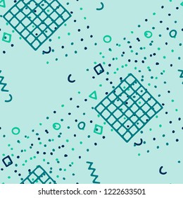 Modern Memphis Texture. Seamless Background for Wallpaper, Cotton, Swimwear in Trendy Style. Colorful Geometric Pattern with Hand Drawn Scribble Elements. Colorful Triangles, Rings, Zigzags and Dots.