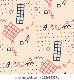 Modern Memphis Texture. Seamless Background for Wallpaper, Cotton, Swimwear in Trendy Style. Bright Geometric Pattern with Hand Drawn Scribble Elements. Colorful Triangles, Rings, Zigzags and Dots.