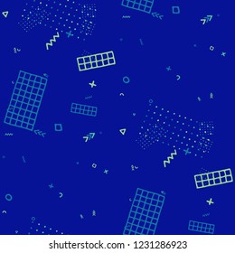 Modern Memphis Texture. Seamless Background for Banner, Fabric, Cloth in Trendy Style. Colorful Geometric Pattern with Hand Drawn Scribble Elements. Colorful Triangles, Rings, Zigzags and Dots.