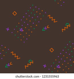 Modern Memphis Texture. Seamless Background for Card, Banner, Cover in Trendy Style. Colorful Geometric Pattern with Hand Drawn Scribble Elements. Colorful Triangles, Rings, Zigzags and Dots.