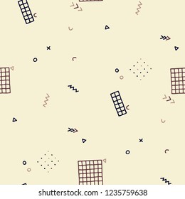 Modern Memphis Texture. Seamless Background for Wallpaper, Print, Textile in Trendy Style. Colorful Geometric Pattern with Hand Drawn Scribble Elements. Colorful Triangles, Rings, Zigzags and Dots.
