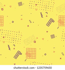 Modern Memphis Texture. Seamless Background for Card, Poster, Cover in Trendy Style. Bright Geometric Pattern with Hand Drawn Scribble Elements. Colorful Triangles, Rings, Zigzags and Dots.