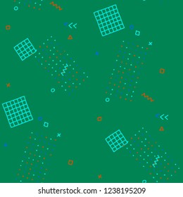 Modern Memphis Texture. Seamless Background for Chintz, Calico, Fabric in Trendy Style. Colorful Geometric Pattern with Hand Drawn Scribble Elements. Colorful Triangles, Rings, Zigzags and Dots.