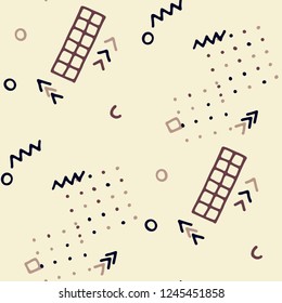 Modern Memphis Texture. Seamless Background for Banner, Poster, Cloth in Trendy Style. Bright Geometric Pattern with Hand Drawn Scribble Elements. Colorful Triangles, Rings, Zigzags and Dots.