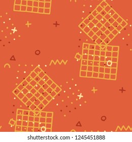 Modern Memphis Texture. Seamless Background for Banner, Poster, Cloth in Trendy Style. Colorful Geometric Pattern with Hand Drawn Scribble Elements. Colorful Triangles, Rings, Zigzags and Dots.