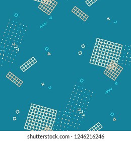 Modern Memphis Texture. Seamless Background for Banner, Poster, Cover in Trendy Style. Colorful Geometric Pattern with Hand Drawn Scribble Elements. Colorful Triangles, Rings, Zigzags and Dots.