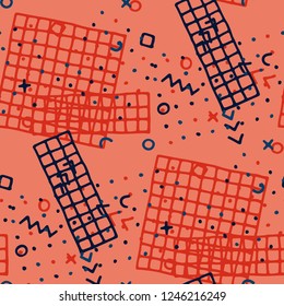 Modern Memphis Texture. Seamless Background for Wallpaper, Fabric, Swimwear in Trendy Style. Colorful Geometric Pattern with Hand Drawn Scribble Elements. Colorful Triangles, Rings, Zigzags and Dots.