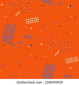 Modern Memphis Texture. Seamless Background for Chintz, Calico, Fabric in Trendy Style. Bright Geometric Pattern with Hand Drawn Scribble Elements. Colorful Triangles, Rings, Zigzags and Dots.
