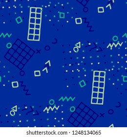 Modern Memphis Texture. Seamless Background for Wallpaper, Fabric, Cloth in Trendy Style. Bright Geometric Pattern with Hand Drawn Scribble Elements. Colorful Triangles, Rings, Zigzags and Dots.