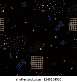 Modern Memphis Texture. Seamless Background for Wallpaper, Fabric, Cloth in Trendy Style. Colorful Geometric Pattern with Hand Drawn Scribble Elements. Colorful Triangles, Rings, Zigzags and Dots.