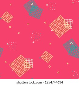 Modern Memphis Texture. Seamless Background for Card, Print, Textile in Trendy Style. Colorful Geometric Pattern with Hand Drawn Scribble Elements. Colorful Triangles, Rings, Zigzags and Dots.