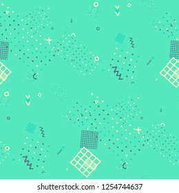 Modern Memphis Texture. Seamless Background for Banner, Poster, Cover in Trendy Style. Colorful Geometric Pattern with Hand Drawn Scribble Elements. Colorful Triangles, Rings, Zigzags and Dots.