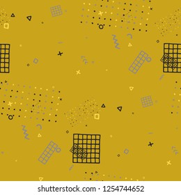 Modern Memphis Texture. Seamless Background for Wallpaper, Cotton, Swimwear in Trendy Style. Colorful Geometric Pattern with Hand Drawn Scribble Elements. Colorful Triangles, Rings, Zigzags and Dots.