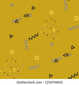Modern Memphis Texture. Seamless Background for Banner, Poster, Cover in Trendy Style. Colorful Geometric Pattern with Hand Drawn Scribble Elements. Colorful Triangles, Rings, Zigzags and Dots.