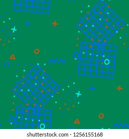 Modern Memphis Texture. Seamless Background for Banner, Poster, Cover in Trendy Style. Bright Geometric Pattern with Hand Drawn Scribble Elements. Colorful Triangles, Rings, Zigzags and Dots.