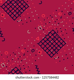 Modern Memphis Texture. Seamless Background for Card, Poster, Cover in Trendy Style. Colorful Geometric Pattern with Hand Drawn Scribble Elements. Colorful Triangles, Rings, Zigzags and Dots.