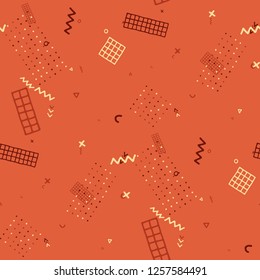 Modern Memphis Texture. Seamless Background for Banner, Fabric, Cloth in Trendy Style. Bright Geometric Pattern with Hand Drawn Scribble Elements. Colorful Triangles, Rings, Zigzags and Dots.