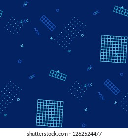 Modern Memphis Texture. Seamless Background for Card, Banner, Cover in Trendy Style. Bright Geometric Pattern with Hand Drawn Scribble Elements. Colorful Triangles, Rings, Zigzags and Dots.