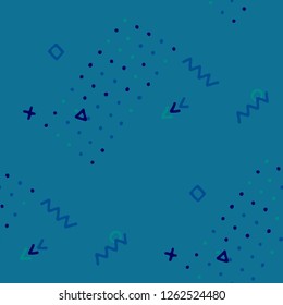 Modern Memphis Texture. Seamless Background for Wallpaper, Fabric, Cloth in Trendy Style. Colorful Geometric Pattern with Hand Drawn Scribble Elements. Colorful Triangles, Rings, Zigzags and Dots.