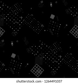 Modern Memphis Texture. Seamless Background for Chintz, Calico, Fabric in Trendy Style. Colorful Geometric Pattern with Hand Drawn Scribble Elements. Colorful Triangles, Rings, Zigzags and Dots.