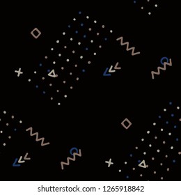 Modern Memphis Texture. Seamless Background for Wallpaper, Cotton, Swimwear in Trendy Style. Bright Geometric Pattern with Hand Drawn Scribble Elements. Colorful Triangles, Rings, Zigzags and Dots.