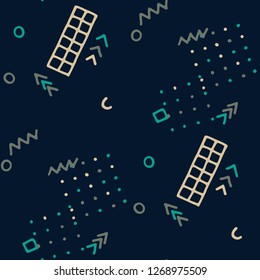 Modern Memphis Texture. Seamless Background for Banner, Poster, Cloth in Trendy Style. Colorful Geometric Pattern with Hand Drawn Scribble Elements. Colorful Triangles, Rings, Zigzags and Dots.