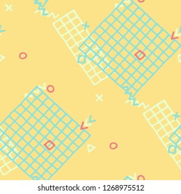 Modern Memphis Texture. Seamless Background for Wallpaper, Fabric, Cloth in Trendy Style. Bright Geometric Pattern with Hand Drawn Scribble Elements. Colorful Triangles, Rings, Zigzags and Dots.