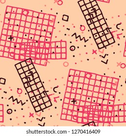 Modern Memphis Texture. Seamless Background for Wallpaper, Print, Textile in Trendy Style. Colorful Geometric Pattern with Hand Drawn Scribble Elements. Colorful Triangles, Rings, Zigzags and Dots.