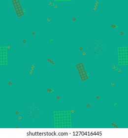 Modern Memphis Texture. Seamless Background for Card, Banner, Cover in Trendy Style. Bright Geometric Pattern with Hand Drawn Scribble Elements. Colorful Triangles, Rings, Zigzags and Dots.