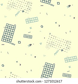 Modern Memphis Texture. Seamless Background for Card, Poster, Cover in Trendy Style. Bright Geometric Pattern with Hand Drawn Scribble Elements. Colorful Triangles, Rings, Zigzags and Dots.