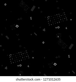 Modern Memphis Texture. Seamless Background for Wallpaper, Fabric, Cloth in Trendy Style. Bright Geometric Pattern with Hand Drawn Scribble Elements. Colorful Triangles, Rings, Zigzags and Dots.