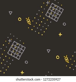 Modern Memphis Texture. Seamless Background for Card, Banner, Cover in Trendy Style. Colorful Geometric Pattern with Hand Drawn Scribble Elements. Colorful Triangles, Rings, Zigzags and Dots.