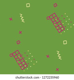 Modern Memphis Texture. Seamless Background for Wallpaper, Cotton, Swimwear in Trendy Style. Colorful Geometric Pattern with Hand Drawn Scribble Elements. Colorful Triangles, Rings, Zigzags and Dots.
