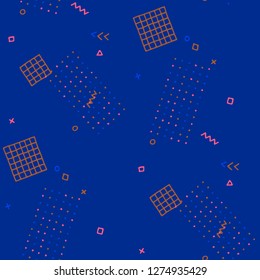 Modern Memphis Texture. Seamless Background for Card, Poster, Cover in Trendy Style. Colorful Geometric Pattern with Hand Drawn Scribble Elements. Colorful Triangles, Rings, Zigzags and Dots.