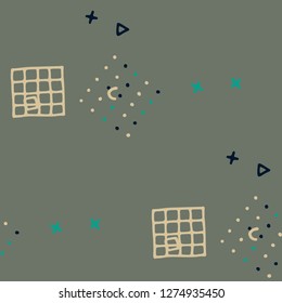 Modern Memphis Texture. Seamless Background for Wallpaper, Cotton, Swimwear in Trendy Style. Colorful Geometric Pattern with Hand Drawn Scribble Elements. Colorful Triangles, Rings, Zigzags and Dots.