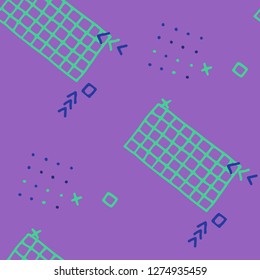 Modern Memphis Texture. Seamless Background for Wallpaper, Calico, Textile in Trendy Style. Bright Geometric Pattern with Hand Drawn Scribble Elements. Colorful Triangles, Rings, Zigzags and Dots.