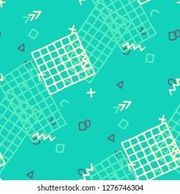 Modern Memphis Texture. Seamless Background for Chintz, Cotton, Swimwear in Trendy Style. Colorful Geometric Pattern with Hand Drawn Scribble Elements. Colorful Triangles, Rings, Zigzags and Dots.