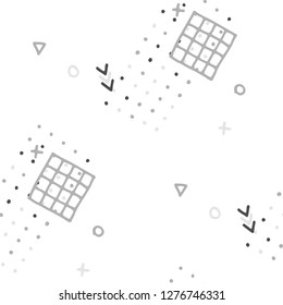 Modern Memphis Texture. Seamless Background for Wallpaper, Cotton, Swimwear in Trendy Style. Colorful Geometric Pattern with Hand Drawn Scribble Elements. Colorful Triangles, Rings, Zigzags and Dots.