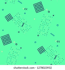 Modern Memphis Texture. Seamless Background for Wallpaper, Fabric, Swimwear in Trendy Style. Bright Geometric Pattern with Hand Drawn Scribble Elements. Colorful Triangles, Rings, Zigzags and Dots.