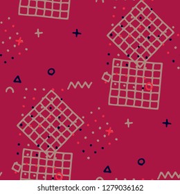 Modern Memphis Texture. Seamless Background for Chintz, Calico, Fabric in Trendy Style. Bright Geometric Pattern with Hand Drawn Scribble Elements. Colorful Triangles, Rings, Zigzags and Dots.