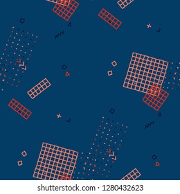 Modern Memphis Texture. Seamless Background for Wallpaper, Fabric, Cloth in Trendy Style. Colorful Geometric Pattern with Hand Drawn Scribble Elements. Colorful Triangles, Rings, Zigzags and Dots.