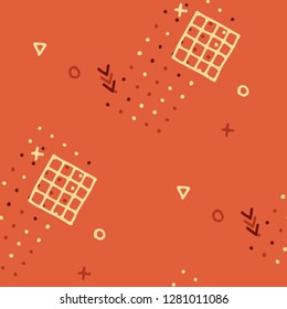 Modern Memphis Texture. Seamless Background for Wallpaper, Print, Textile in Trendy Style. Colorful Geometric Pattern with Hand Drawn Scribble Elements. Colorful Triangles, Rings, Zigzags and Dots.