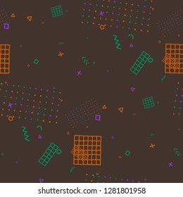 Modern Memphis Texture. Seamless Background for Wallpaper, Calico, Textile in Trendy Style. Colorful Geometric Pattern with Hand Drawn Scribble Elements. Colorful Triangles, Rings, Zigzags and Dots.